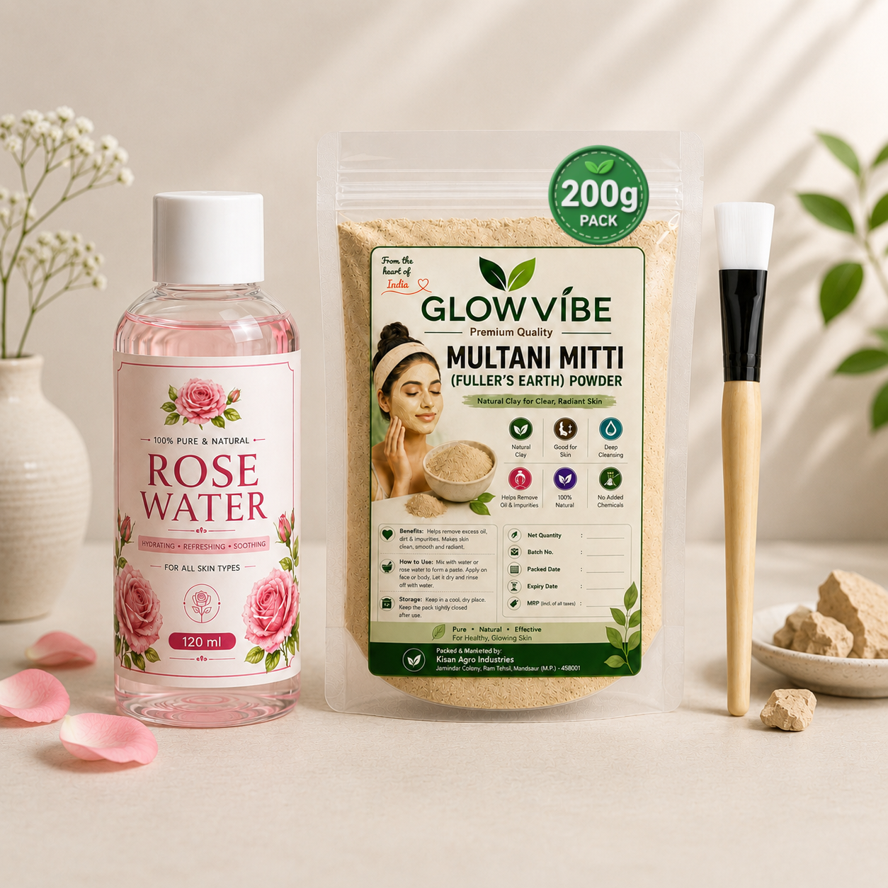 GlowVibe Multani Mitti (Fuller's Earth) Powder Face Pack Combo (200g Multani Mitti, 120ml Rose Water & Applicator Brush)